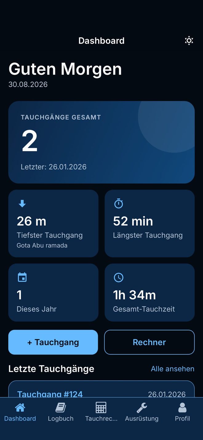 OceanMind-Dashboard mit Tauchstatistik